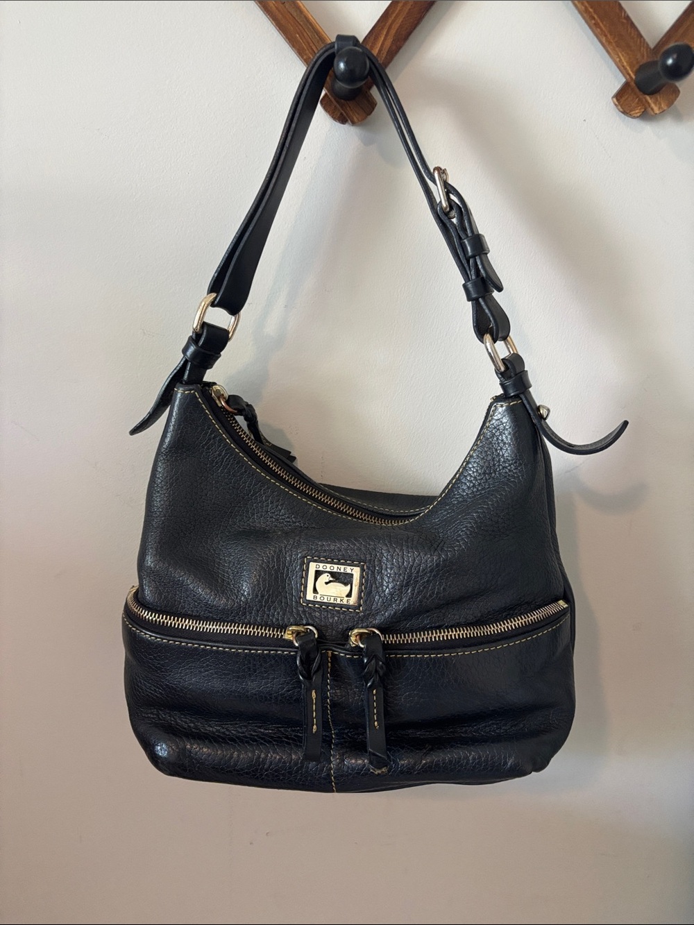 Dooney & Bourke Black Leather Shoulder Hobo with Gold Hardware